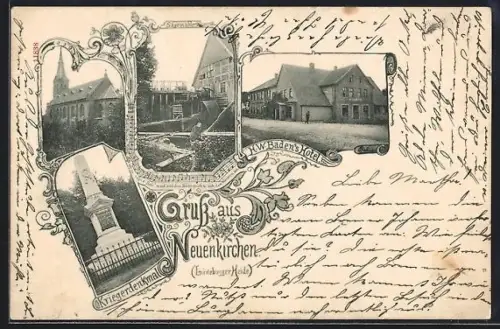 AK Neuenkirchen / Lbg., H. W. Baden`s Hotel, Kriegerdenkmal, Sägemühle
