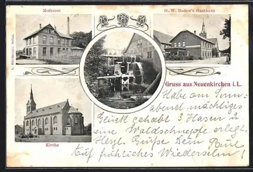 AK Neuenkirchen / Lbg., H. W. Baden`s Gasthaus, Molkerei, Kirche