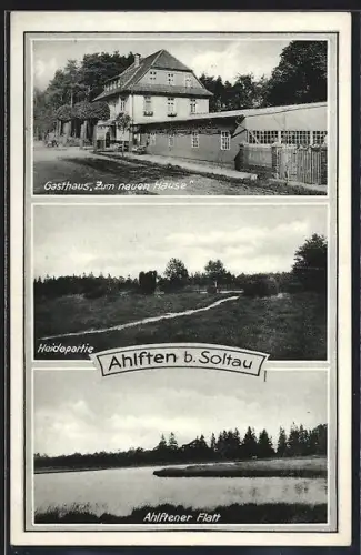 AK Ahlften b. Soltau, Gasthaus Zum neuen Hause, Heidepartie, Ahlftener Flatt