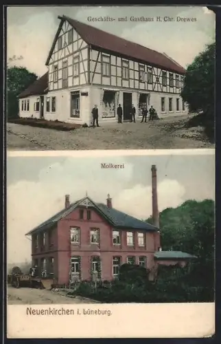 AK Neuenkirchen / Lbg., Geschäftshaus und Gasthaus H. Chr. Drewes, Molkerei