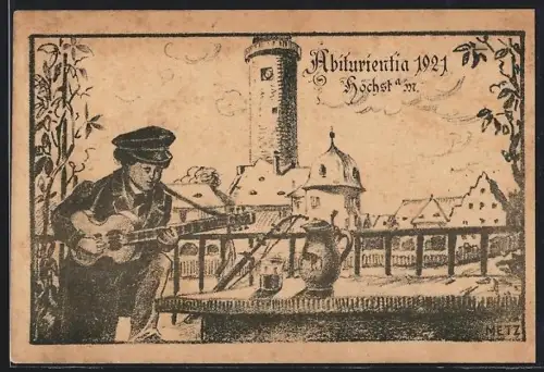 Künstler-AK Höchst / Main, Abiturientia 1921, Turm, Schüler mit Gitarre
