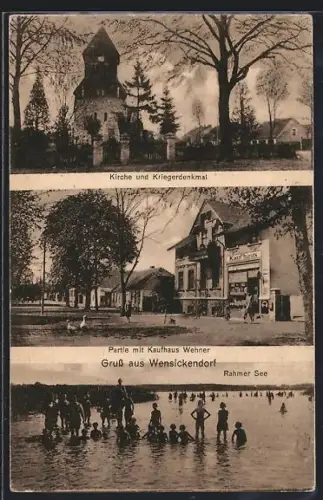 AK Wensickendorf, Kirche und Kriegerdenkmal, Kaufhaus Wehner, Rahmer See