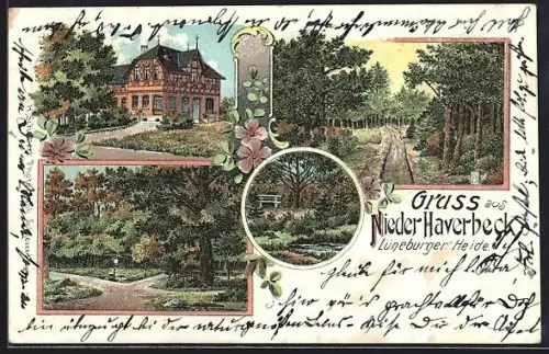 Lithographie Niederhaverbeck /Lüneburger Heide, Gasthaus und Waldpartie