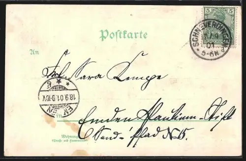 Lithographie Niederhaverbeck /Lüneburger Heide, Gasthaus und Waldpartie