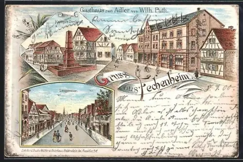 Lithographie Frankfurt-Fechenheim, Gasthaus zum Adler, Inh. Wilh. Puth, Langstrasse