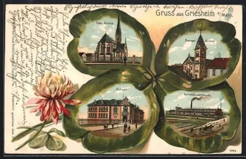 Passepartout-Lithographie Griesheim a. Main, Kath. Kirche, evang. Kirche, Schule, Kunstdüngerfabrik