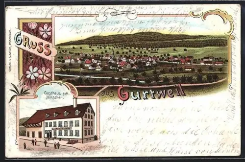Lithographie Gurtweil, Gasthaus zum Hirschen, Blick über den Ort