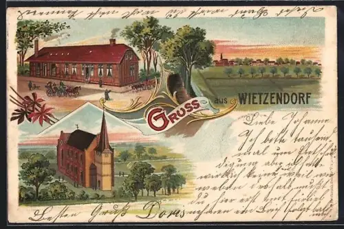Lithographie Wietzendorf, Blick zur Kirche, Kutschen auf einer Strasse im Ort
