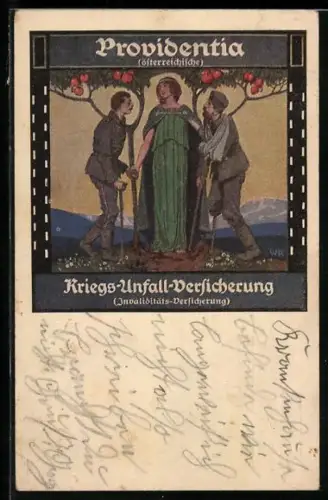 AK Frau kümmert sich um die verwundeten Soldaten, Reklame für Providentia Kriegs-Unfall-Versicherung