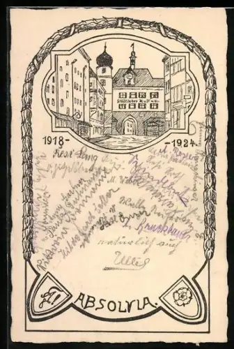 Künstler-AK Absolvia 1924, Wappen und Studentenwappen