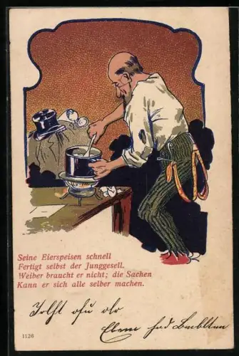 AK Junggeselle kocht sich seine Mahlzeit, Neujahr, früher Druck