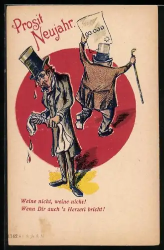 Künstler-AK Trauriger Mann weint, ein anderer Mann hat viel Geld gewonnen, früher Druck