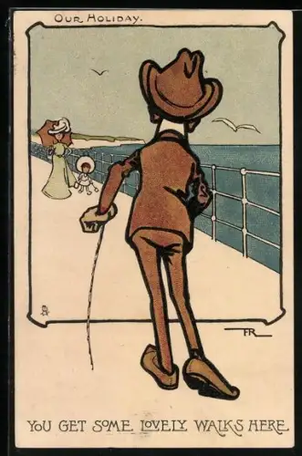 Künstler-AK Mann läuft auf einen Steg zu