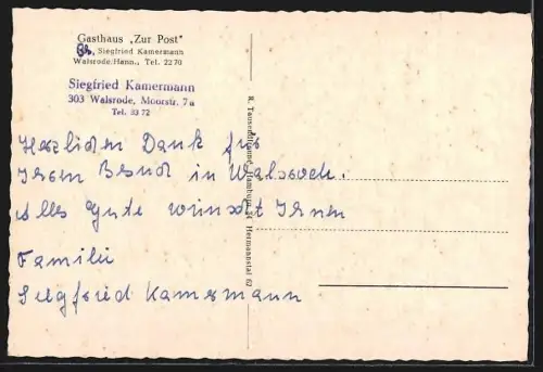 AK Walsrode, Gasthaus zur Post S. Kamermann, Innenansichten, Fassade