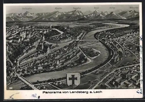 AK Landsberg am Lech, Totalansicht von oben, mit Gefangenenanstalt / Zelle, Wappen