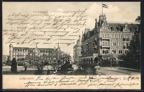 AK Münster i. W., Ludgeriplatz mit markantem Eckgebäude, Panorama