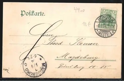 AK Münster i. W., Ludgeriplatz mit markantem Eckgebäude, Panorama