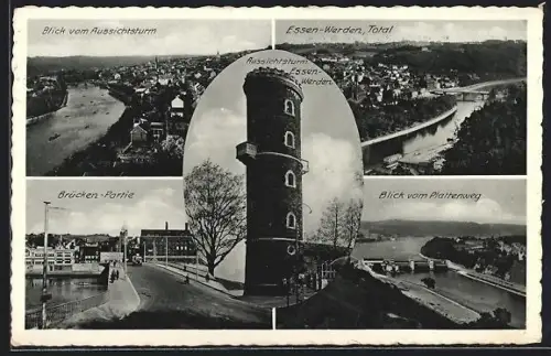 AK Essen-Werden, Aussichtsturm Pastoratsberg / Gasthaus K. Brünninghoff, Blick vom Plattenweg, Brücken-Partie