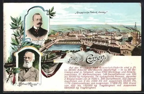 Künstler-AK Essen a. d. Ruhr, Blick auf die Krupp`sche Fabrik, Portraits Alfred und Friedrich-Alfred