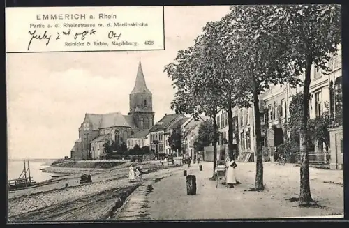 AK Emmerich a. R., Rheinstrasse mit Uferpartie u. Martinskirche