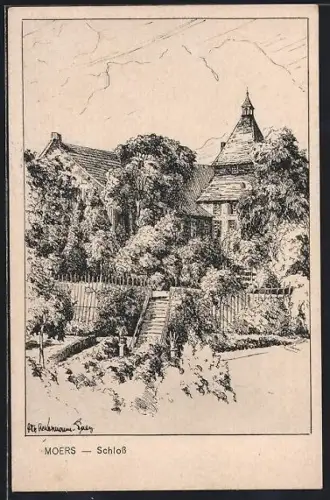 Künstler-AK Moers, Schloss mit Treppenaufgang
