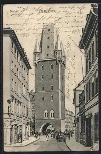 AK Mainz, Strassenpartie am Holzturm