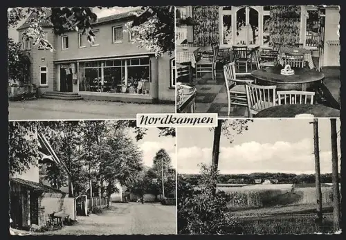 AK Nordkampen, Gaststätte-Gemischtwaren J. Meyer, Strassenpartie, Landschaft