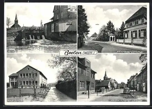 AK Beelen i. W., Kriegerdenkmal, Westkirchener Strasse, Mühle