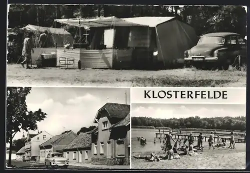 AK Klosterfelde /Bernau, Campingplatz, Strassenpartie, Badeplatz