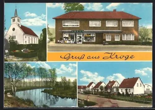 AK Bomlitz-Kroge, Lebensmittel-Feinkost Winkelmann, Kirchenansicht, Strassenpartie