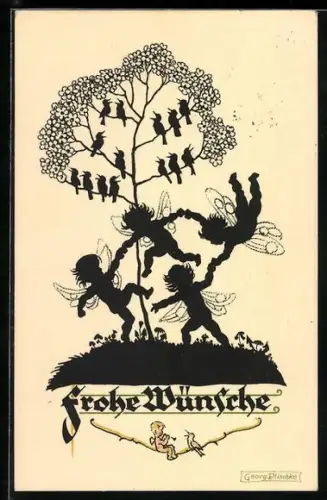 Künstler-AK Georg Plischke: Frohe Wünsche, Schattenbild, Feen