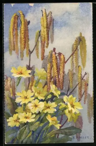 Künstler-AK Anna Haller: Gelbe Primeln und Zweige