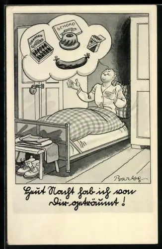 Künstler-AK Ferdinand Barlog: Soldat träumt in seinem Bett von gutem Essen und Zigaretten