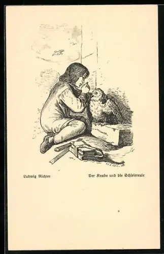 Künstler-AK Ludwig Richter: Der Knabe und die Schleiereule