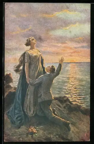 Künstler-AK Domenico Mastroianni: Mann kniend vor einer Schutzpatronin