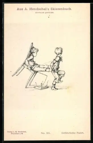Künstler-AK Albert Hendschel: Gefährliche Fahrt, Jungen spielen mit einem Stuhl