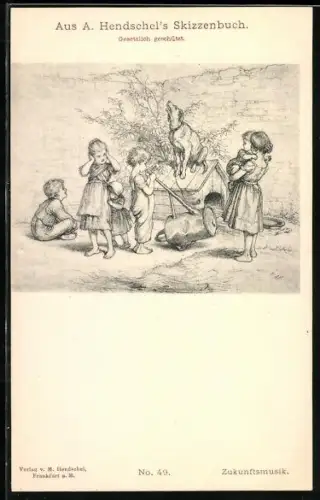 Künstler-AK Albert Hendschel: Zukunftsmusik, Junge musiziert mit einer Giesskanne