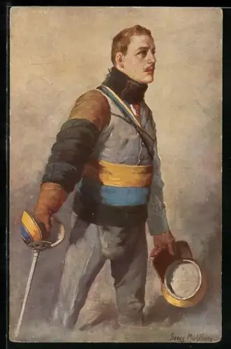 Künstler-AK Georg Mühlberg: Student in Mensurausrüstung
