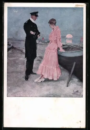 Künstler-AK Brynolf Wennerberg: Am Strand, Marine-Offizier spricht mit einer jungen Frau