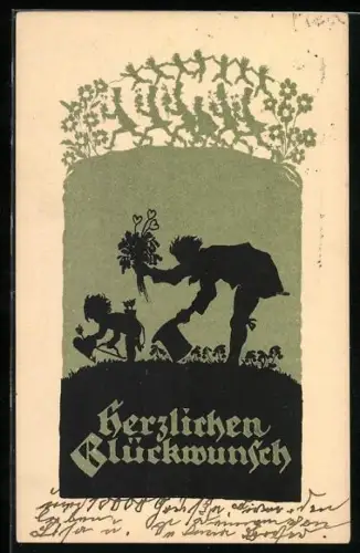 Künstler-AK Georg Plischke: Mann mit Zylinder und Amor beim Blumenpflücken, Scherenschnitt