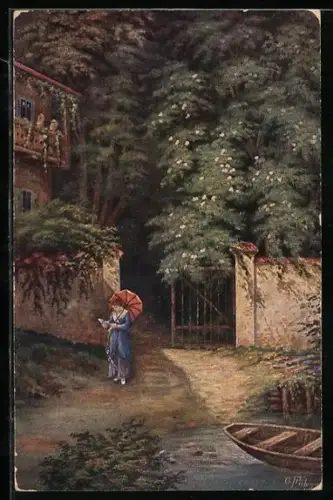 Künstler-AK G. Fiebiger: Worte der Liebe, Dame liest einen Brief am Ufer