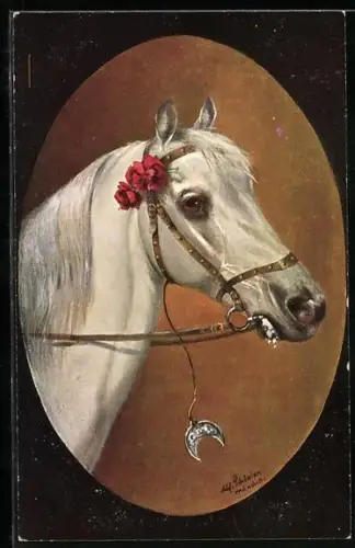 Künstler-AK Alfred Schönian: Weisses Pferd mit roter Nelke am Geschirr