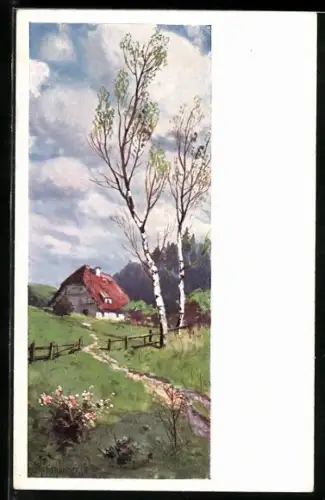 Künstler-AK August Splitgerber: Bauernhaus im Frühling