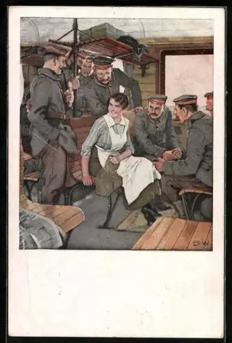 Künstler-AK Brynolf Wennerberg: Urlaubsfahrt, junge Frau mit Soldaten im Eisenbahnwaggon