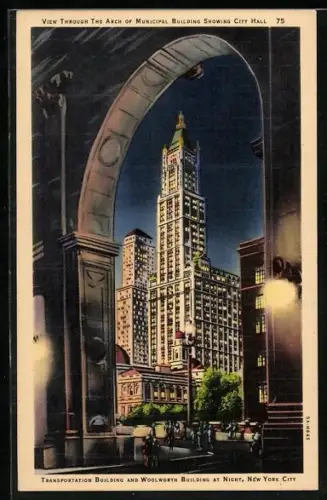AK New York, NY, Transportation Building and Woolworth Building at night
