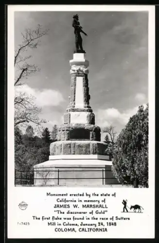 AK Coloma, CA, Monument erected in memory of James W. Marshall, The discoverer of gold