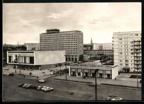 AK Berlin, Karl-Marx-Allee mit Restaurant Moskau u. Hotel Berolina aus der Vogelschau