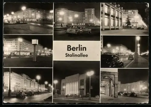 AK Berlin, Stalinallee, Strassenpartien bei Nacht, Säulengang, Gebäude
