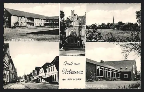 AK Stolzenau an der Weser, Neues Krankenhaus, Lange Strasse, Neue Volksschule, Hinterm Damm
