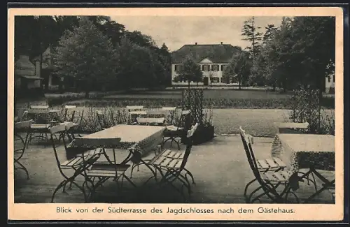AK Rüdesheim a. Rh., Jagdschloss Niederwald, Blick von der Südterrasse nach dem Gästehaus